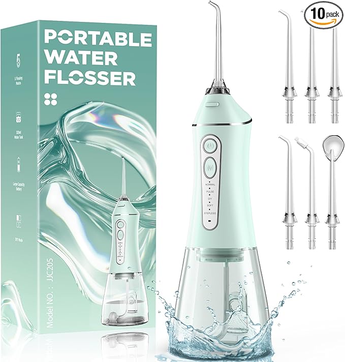 Water Flosser for Teeth Cleaning and Flossing, 5 Modes Rechargeable Cordless Oral Irrigator 320ml Water Tank Teeth Cleaner, IPX7 Waterproof Portable Electric Dentel Flossers for Home and Travel,Green