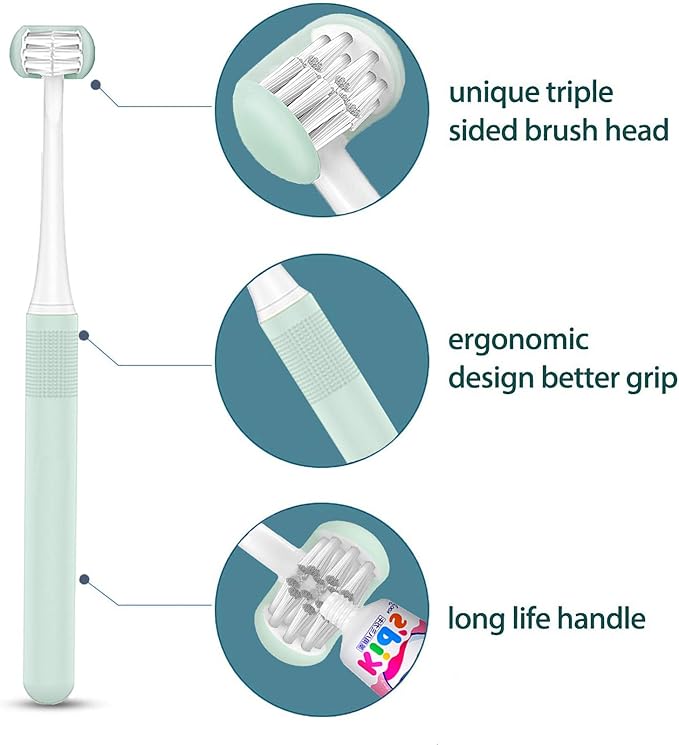 2 Pieces 3 Sided Toddler Toothbrush, Three Bristles for Kids Toothbrush, Autism Soft Bristles,Soft and Gentle for Complete Tooth and Gum Care(C1（Blue+Yellow） Kids)