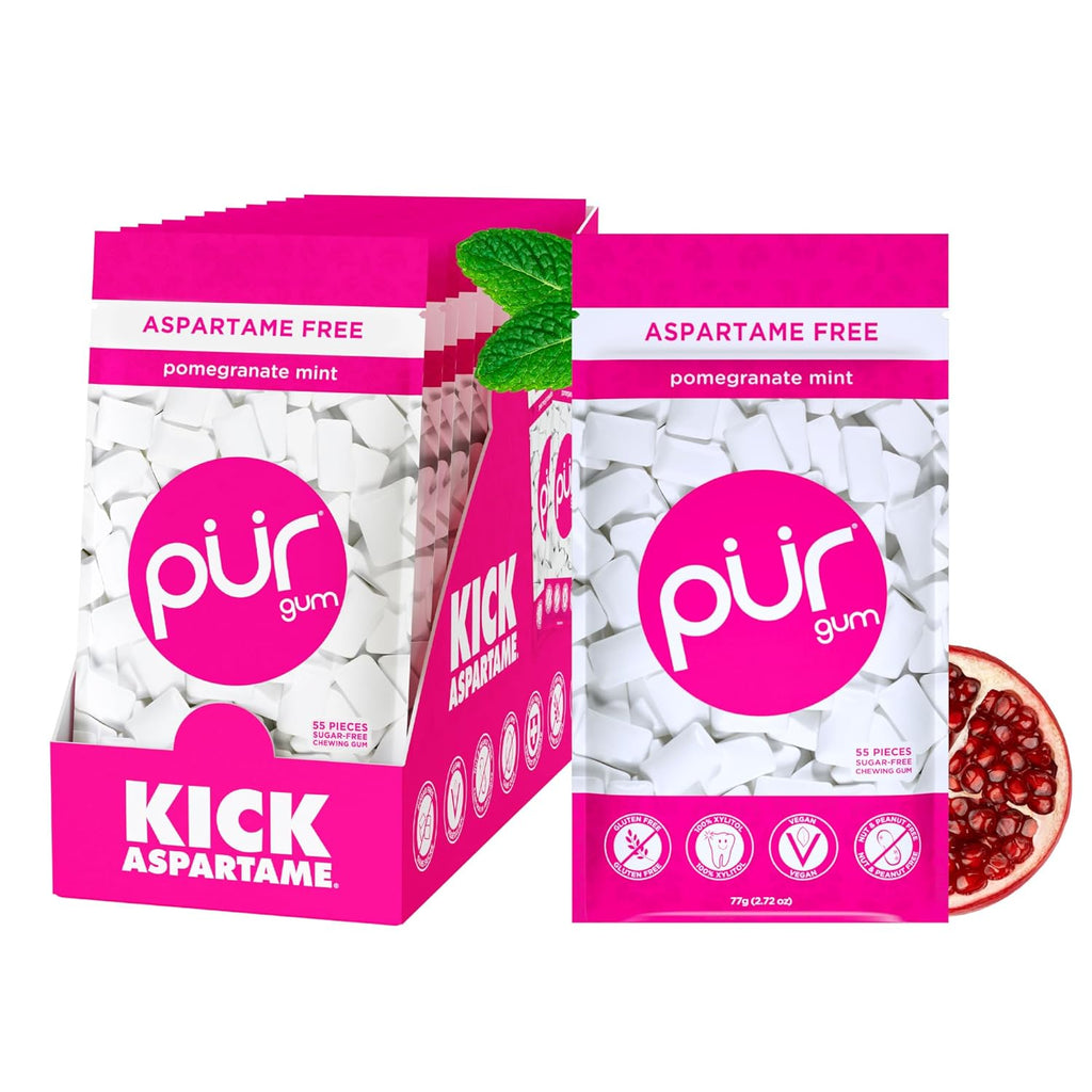 PUR Gum | Aspartame Free Chewing Gum | 100% Xylitol | Natural Pomegranate Mint Flavored Gum, 55 Pieces (Pack of 12)