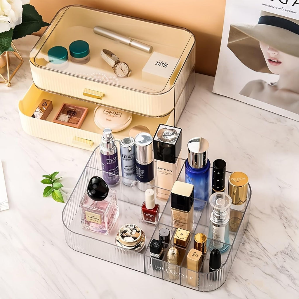 2 Pack Stackable Makeup Organizer with Drawers, Bathroom Storage for Eyeshadow Palettes, Cosmetics, and Beauty Supplies. Ideal for Vanity Counter, Cabinet, Entryway Table, Desk