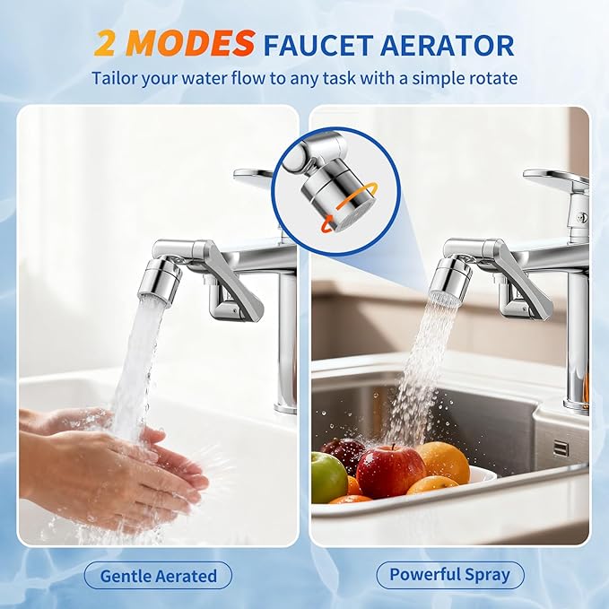 1440°Sink Rotatable Faucet-Extender Aerator - Bathroom/Laundry/Kitchen/Utility U Shaped Universal Faucet Extension In Brass, Swivel Robotic Arm 2 Sprayer Modes Sink Sprayer For Toddlers