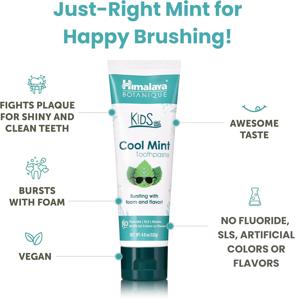 Himalaya Botanique Kids Toothpaste, Herbal, Cool Mint Flavor, Fights Plaque, Fluoride Free, Gentle, No Artificial Flavors or Colors, SLS Free, Gluten Free, Cruelty Free, Vegan, Foaming, 4 Oz, 4 Pack…