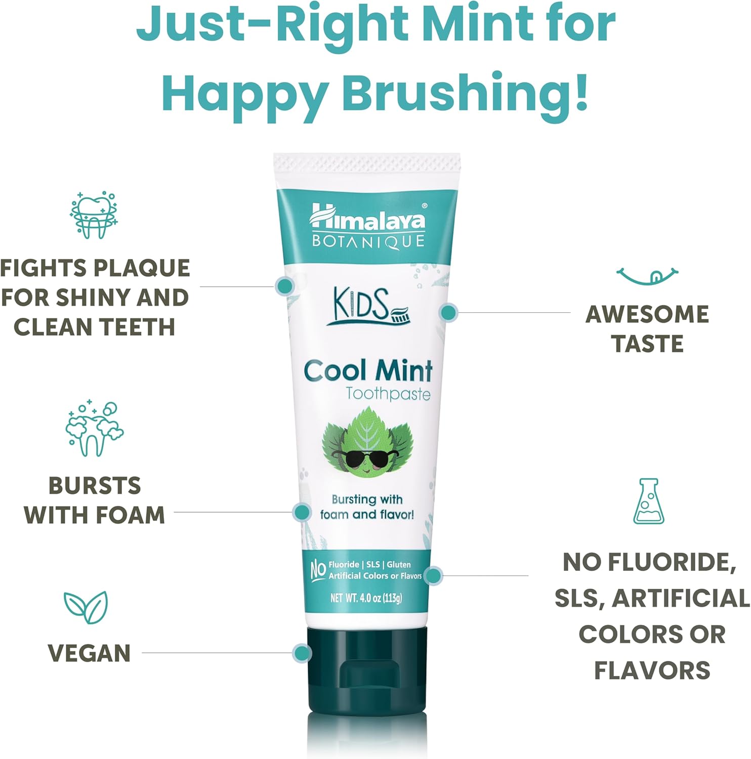 Himalaya Botanique Kids Toothpaste, Herbal, Cool Mint Flavor, Fights Plaque, Fluoride & SLS Free, Gentle, No Artificial Colors, Gluten & Cruelty Free, Vegan, Foaming, 4 Oz, 2 Pack
