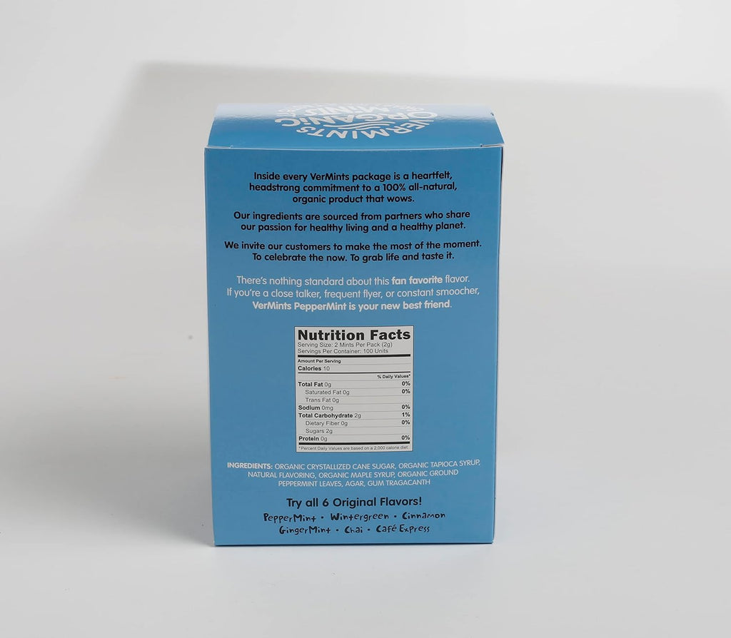 VerMints Organic Breath Mints PepperMint Candy Mints - Real Ingredients, Lasting Refresh - Travel Size Candies - Non-GMO, Vegan, Nut Free, Gluten Free & Kosher Peppermints - 100 Packets