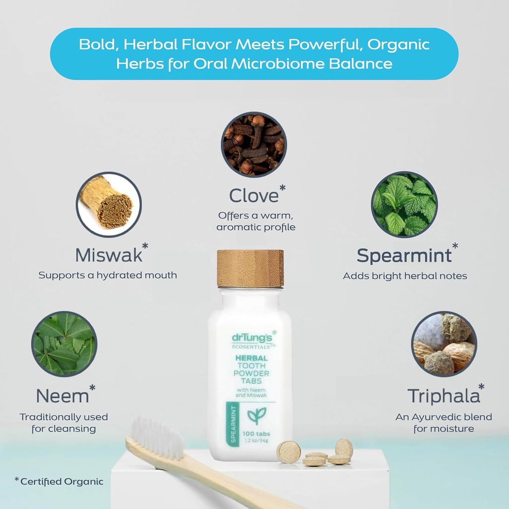 drTung's Herbal Toothpaste Tablets - Toothpaste Tabs for Dry Mouth Relief, Natural Tooth Powder Tablets for Fresh Breath, Fluoride Free, Travel Size, Vegan, Non-GMO - Spearmint (100 Tabs), 3-Pack