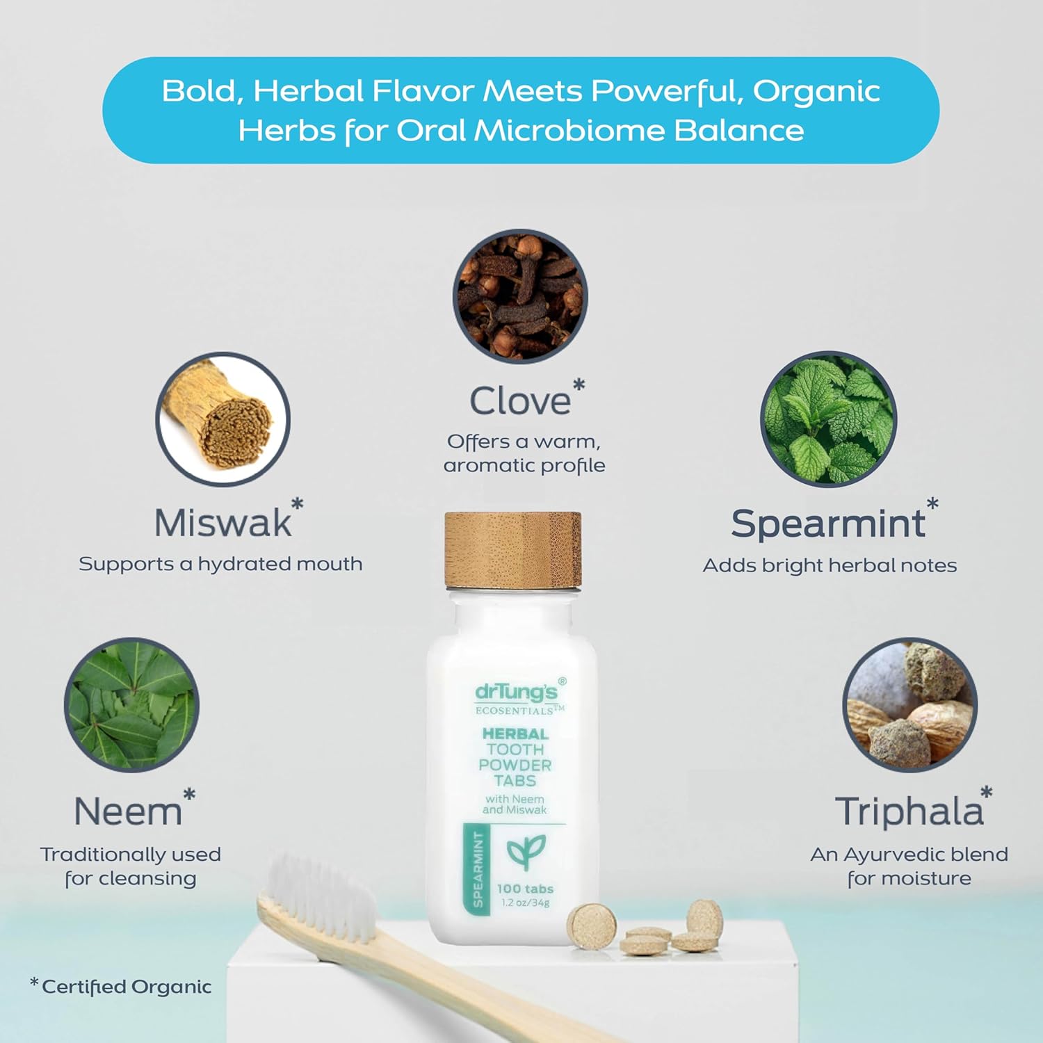 drTung's Herbal Toothpaste Tablets - Toothpaste Tabs for Dry Mouth Relief, Natural Tooth Powder Tablets for Fresh Breath, Fluoride Free, Travel Size, Vegan, Non-GMO - Spearmint (100 Tabs), 3-Pack