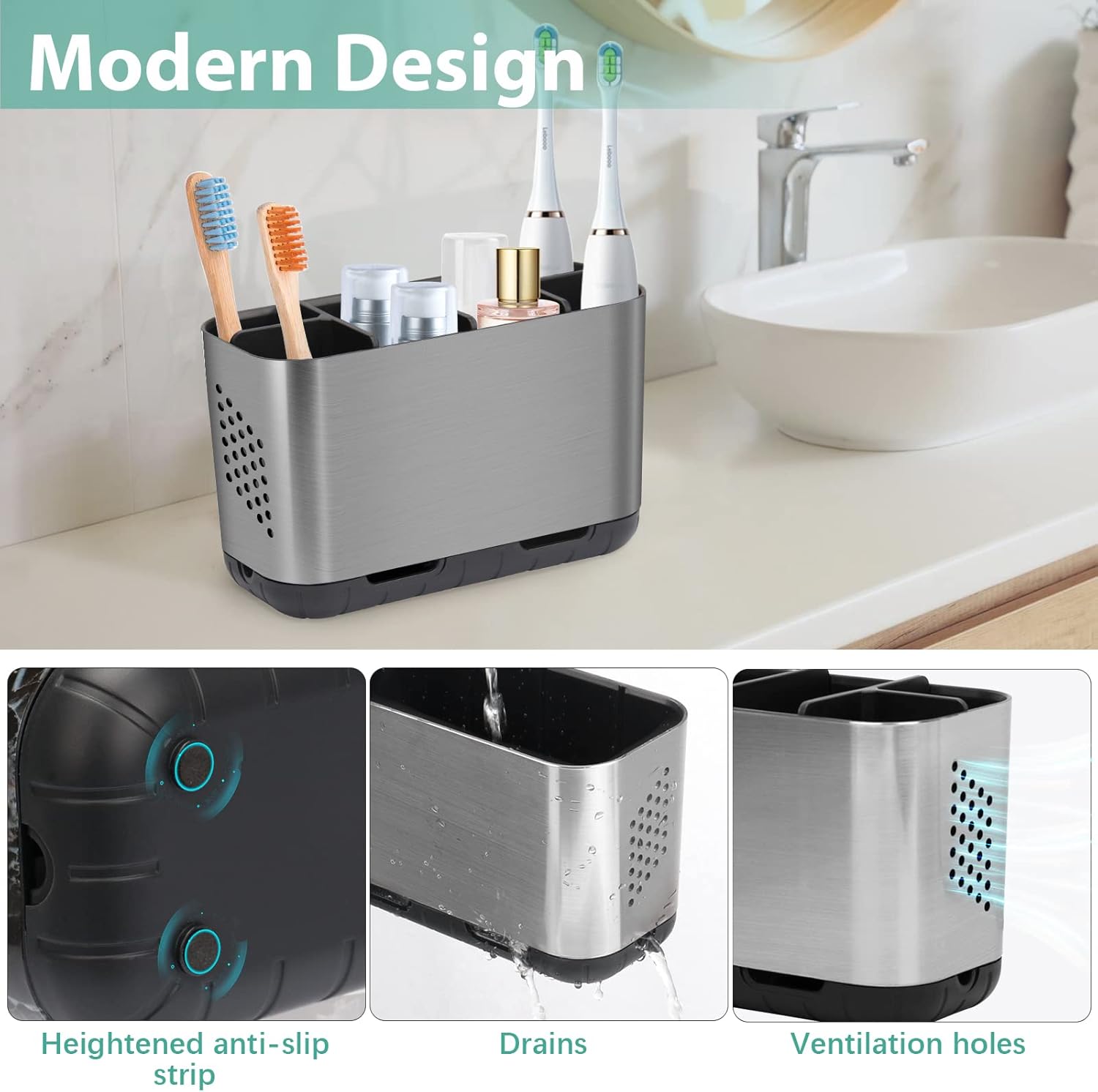 Boperzi Toothbrush and Toothpaste Holder Brushed Nickel Drainage for Bathroom Vanity, Large Electric Toothbrush Storage Caddy Anti-Slip Rustic with Adjustable Dividers for Family, Kids