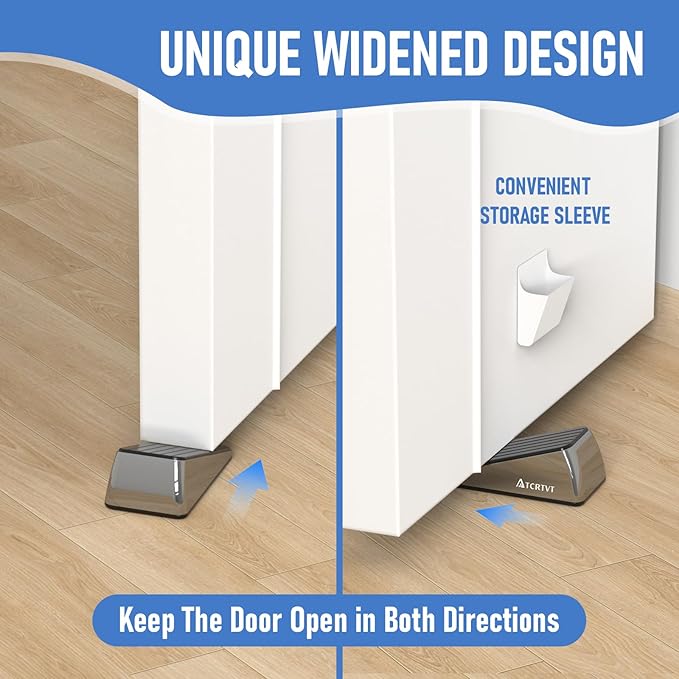 Heavy Duty Door Stopper Wedge - 2 Pack Widened Door Stop Wedge Made of Premium Quality Brushed Stainless Steel Suits Any Door, Any Floor with Set of 2 Plus Self-Adhesive Holder