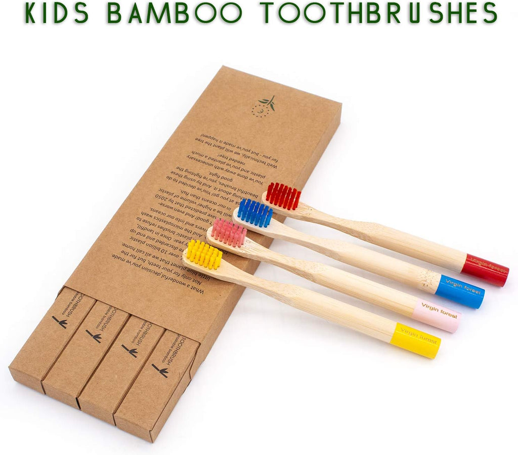 Virgin Forest Kids Bamboo Toothbrushes, Child Size Soft BPA Free Colored Safe Bristles (4 Pack)