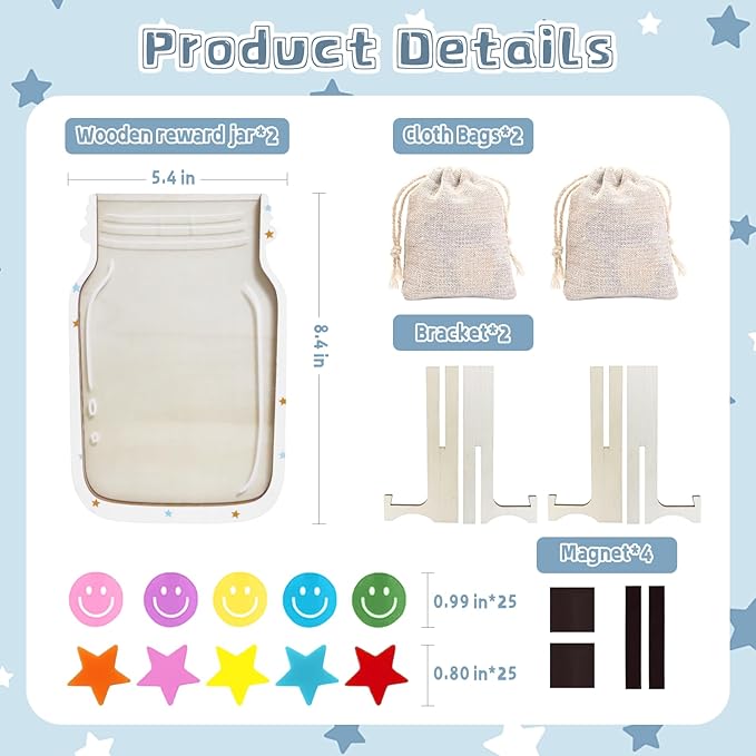 2 Pack Magnetic Reward Jar,Star and Smiley Face Reward Jar,Star Jar Reward System for Kids,Good Behavior Home Classroom Responsibility Routine Training Tool for Boys Girls