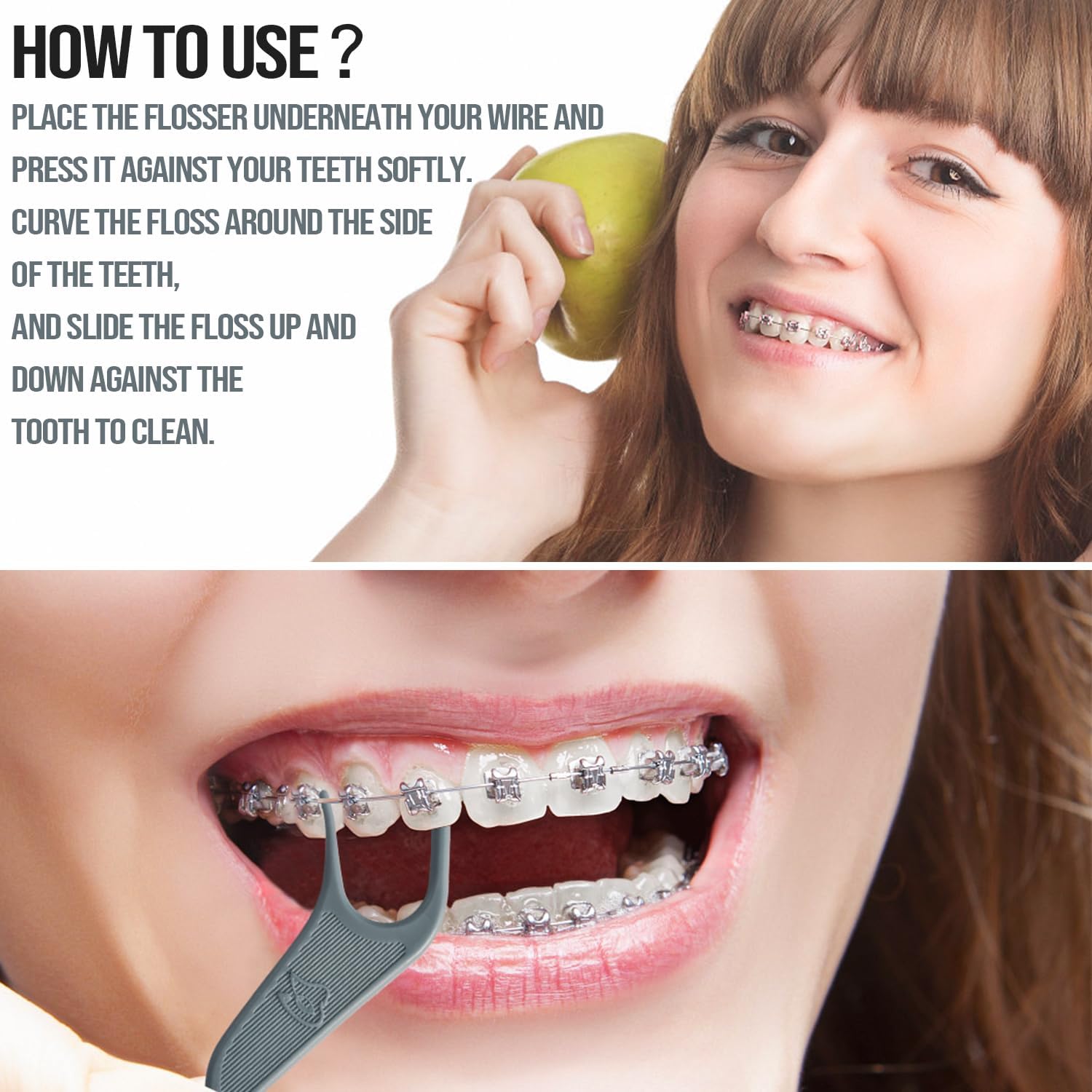 Dr. Emma Orthodontic Flossers for Braces, Ortho Dental Floss Picks, Mint Flavor 60 Count/Bag (Gray, 2pack)