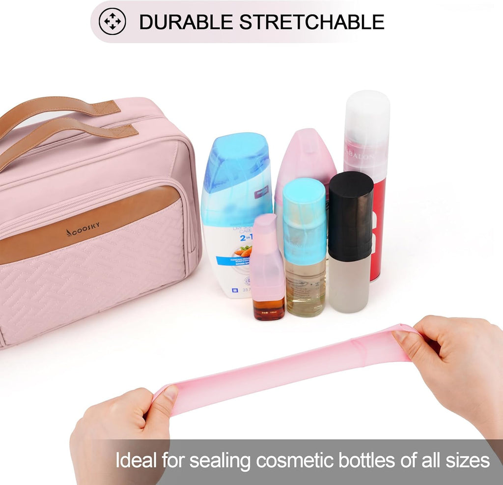 Travel Hanging Toiletry Bag for Women and Men, with 8 Leak Proofing Silicone Bottle Covers, Waterproof Makeup Accessories, Cosmetic Essentials, Cruise Ship Toiletries Bag with Jewelry Organizer, Pink