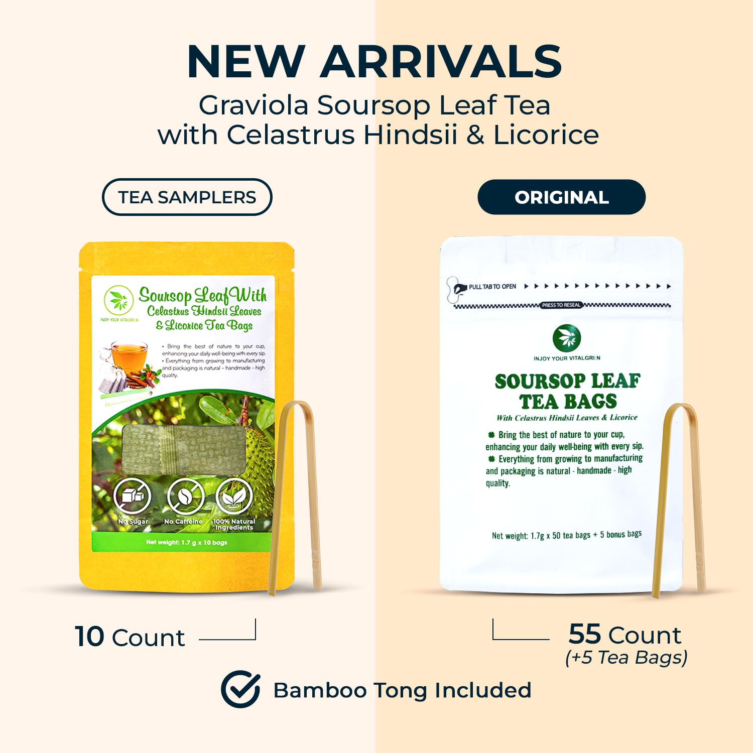 Graviola Soursop Leaf Tea Samplers with Celastrus Hindsii & Licorice - 10 Count + Bamboo Tong, Corn Based Tea Bags, Natural Herbal Tea for Comfort Relax, Re-Steep Hoja De Guanabana