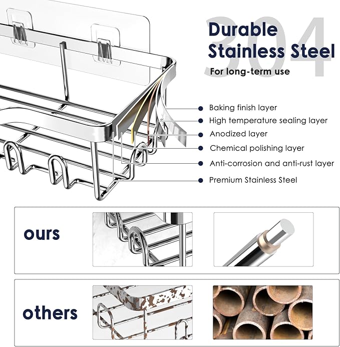 Shower Caddy Adhesive Shower Organizer 7-Pack, Rustproof Stainless Steel Bathroom Shelves, Large Capacity No-Drill Rack Storage Accessories with Soap Dish Toothbrush Holder Hooks (Silver)