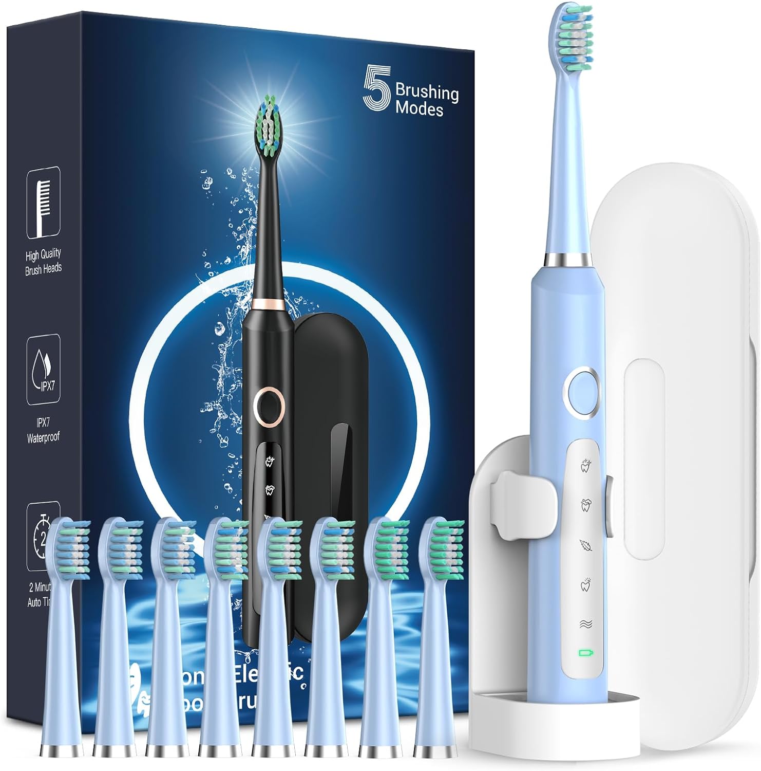 Rtauys Rechargeable Sonic Electric Toothbrush for Adults with 8 Heads, Travel Case, Whitening - Light Blue
