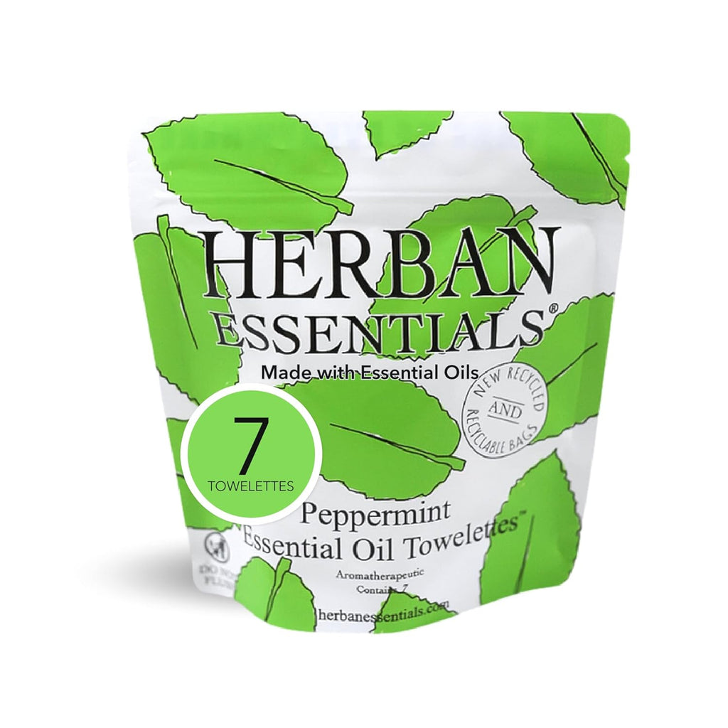 Herban Essentials - Peppermint Wipes & Towelettes - Essential Oil Wipes for Hands & Body - Travel Size Essentials and Toiletries - Natural, Individually Wrapped, Disposable & Moist Refresh (7 count)