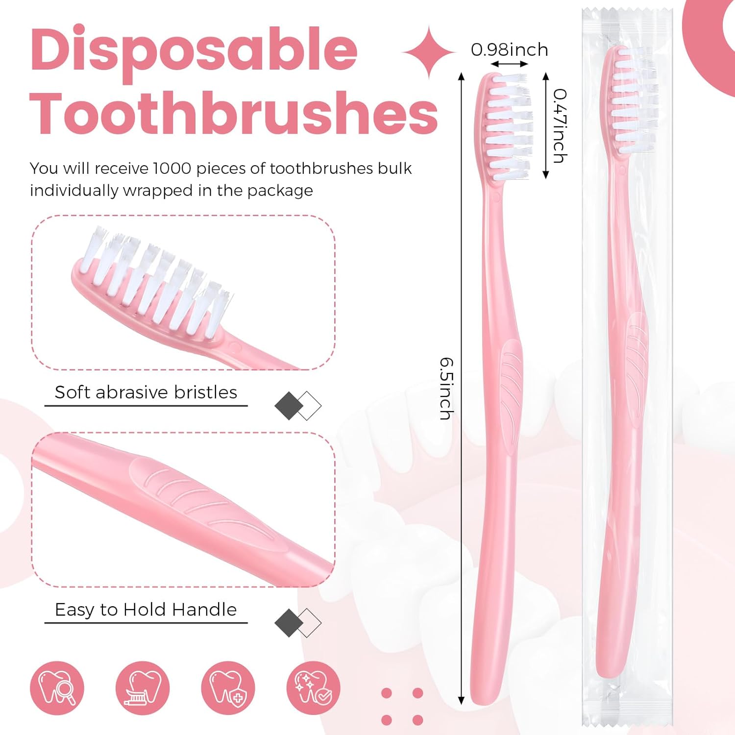 Tessco 1000 Pcs Disposable Toothbrushes Bulk Individually Wrapped Manual Soft Bristle Travel Toothbrushes Single Use Toothbrush for Homeless Hotel Toiletries Camping Office(Pink)