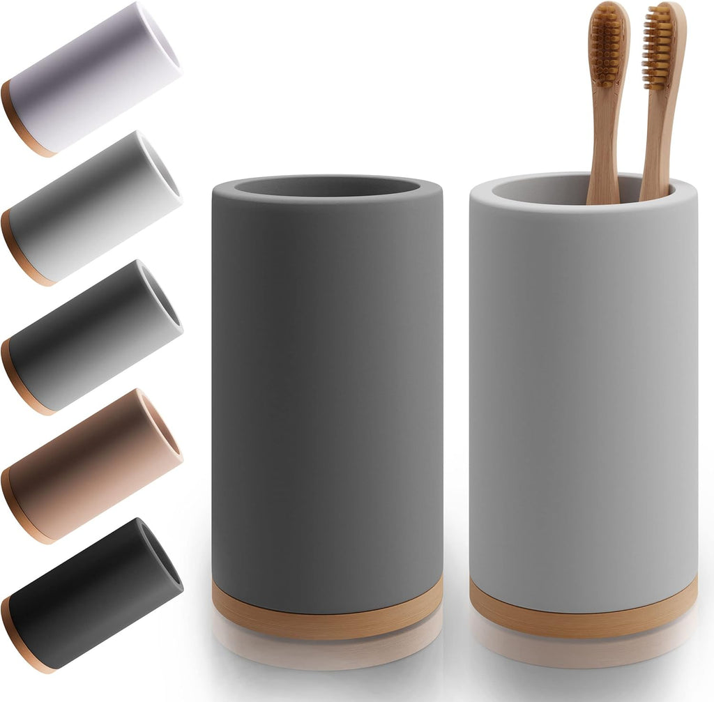 Matani Bamboo Toothbrush Holder Diatomite Tooth Brush Organizer - Storage Stand for Small Bathroom & Counter - Removable Base & Drain Holes, Water-Absorbent & Quick-Drying (Grey & Light Grey)