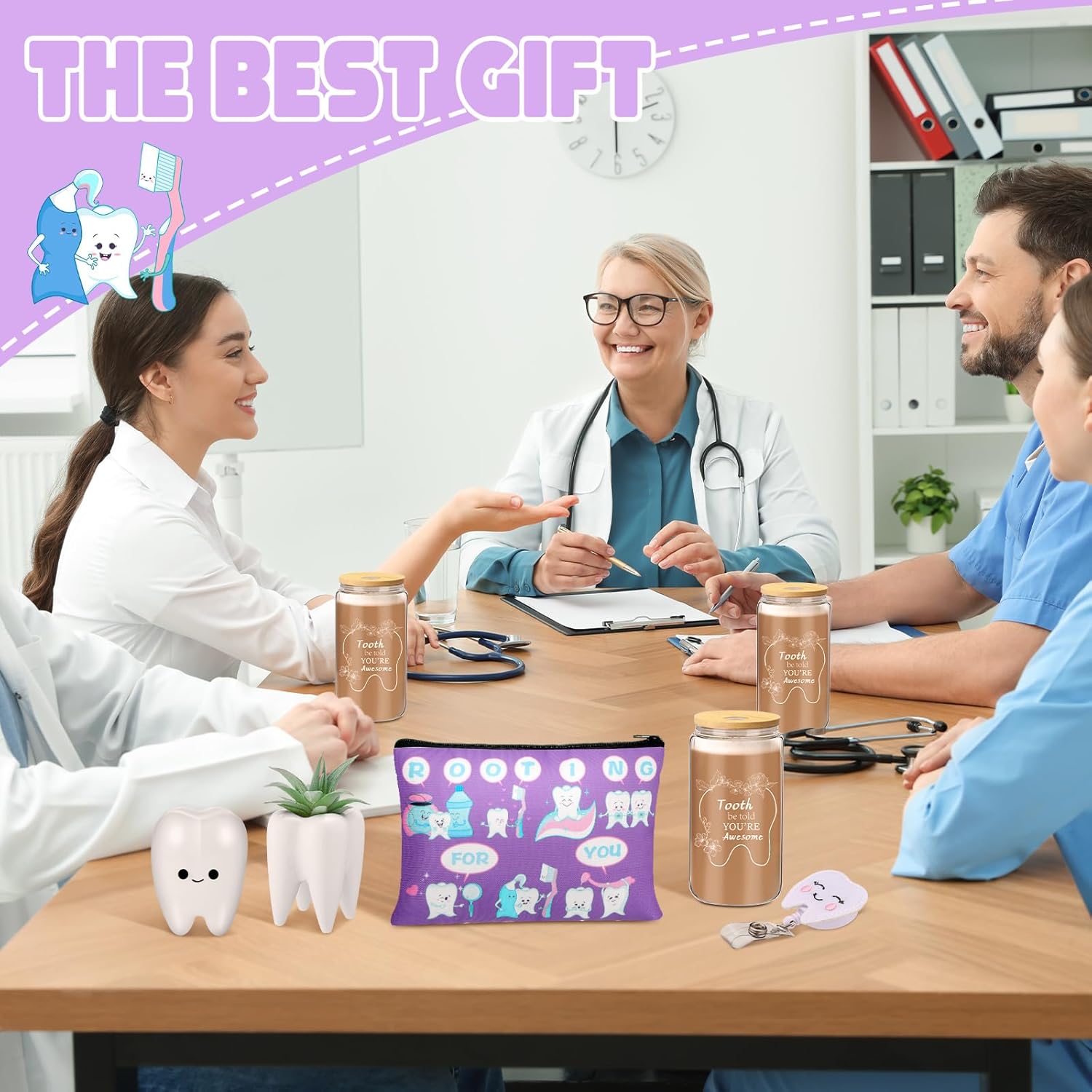 Pickmesh 6 Pcs Dental Gifts Nurse Assistant Hygienist Gifts 16 oz Glass Cups with Lid Makeup Bag Smiling Tooth Shape Felt Badge Holder Ceramic Pen Toothbrush Pot for Women Coworkers(Purple)