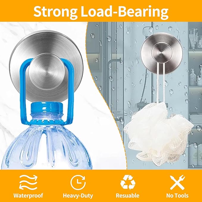 4 Pack Suction Cup Hooks, Removable Stainless Steel Drill-Free Heavy Duty Strong Suction, Reusable Waterproof Hooks for Bathroom Kitchen Mirror Tile Glass, Wall for Hanging Towels Keys