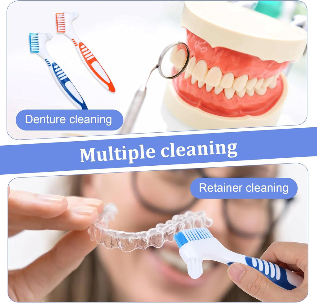 2Pcs Denture Brush, Denture Cleaning Brush Set with White Carrying Case Denture Toothbrushes with Multi-Layered Soft Bristles and Rubber Anti-Slip Handle (Blue + Orange)