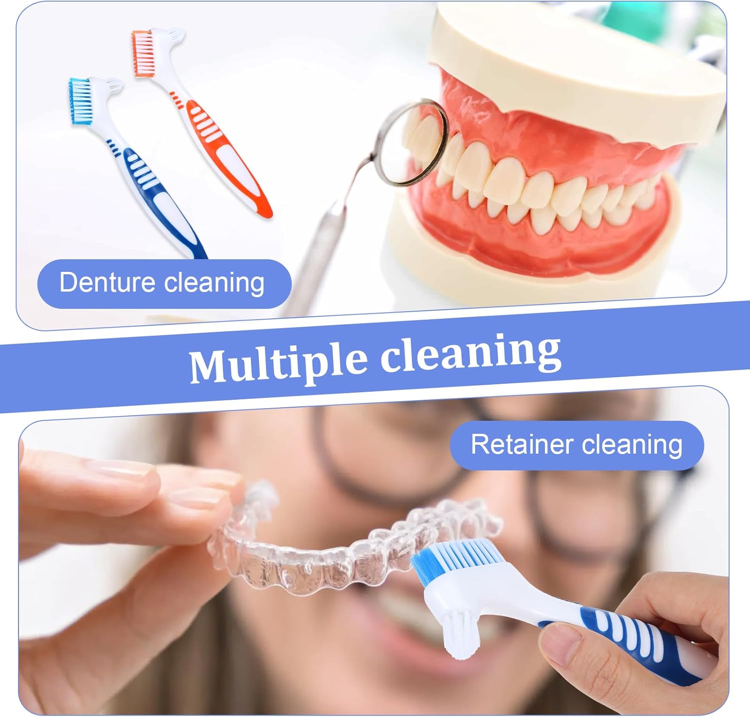 2Pcs Denture Brush, Denture Cleaning Brush Set with White Carrying Case Denture Toothbrushes with Multi-Layered Soft Bristles and Rubber Anti-Slip Handle (Blue + Orange)