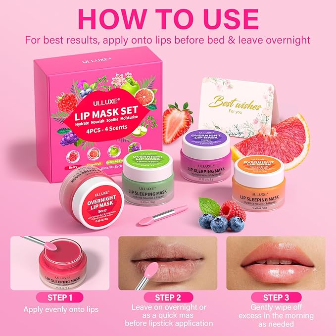 Lip Mask Set, Overnight Lip Sleeping Mask with Shea Butter & Vitamin C for Nourishing Hydration, Moisturizing Lip Balm Treatment for Dry, Flaky Lips, Lip Care Holiday Gift for Women & Teen Girls