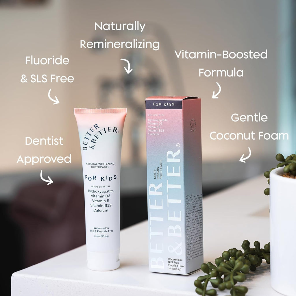 Better & Better Kids Toothpaste | Natural Hydroxyapatite Toothpaste Infused w/Calcium & Vitamins D, E, B12 | Fluoride & SLS Free for Sensitive Brushers | Watermelon Flavor | 3.4oz, 1 Pack