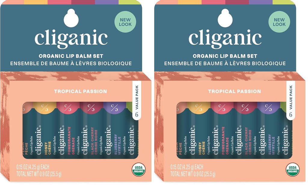 Cliganic Organic Lip Balm Set - 6 Tropical Flavors - 100% Natural Moisturizer for Cracked & Dry Lips (Pack of 2)
