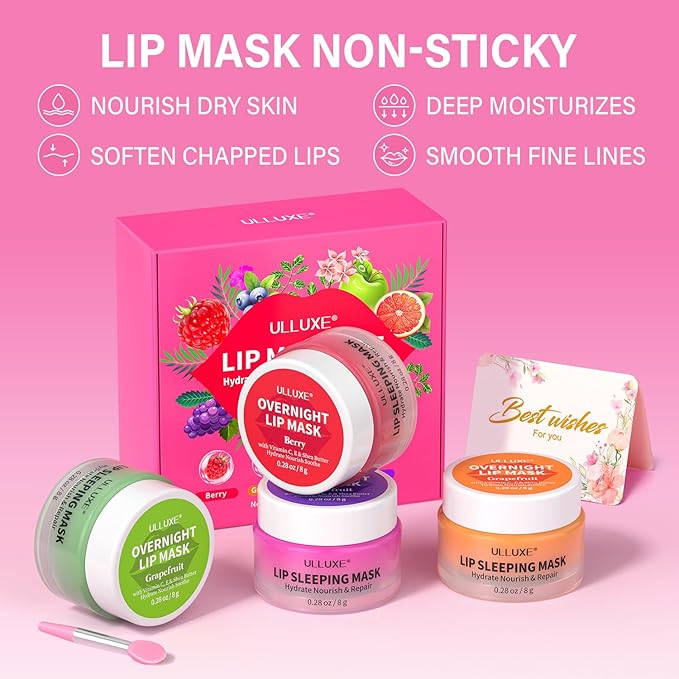 Lip Mask Set, Overnight Lip Sleeping Mask with Shea Butter & Vitamin C for Nourishing Hydration, Moisturizing Lip Balm Treatment for Dry, Flaky Lips, Lip Care Holiday Gift for Women & Teen Girls