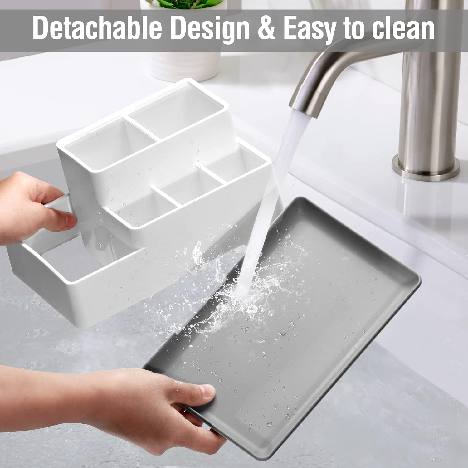 Electric Toothbrush Holder, Detachable Non-Slip Bathroom Organizer Countertop with 6 Compartments and Drainage Holes Bathroom Organizer for Bathroom, Kitchen, and Family