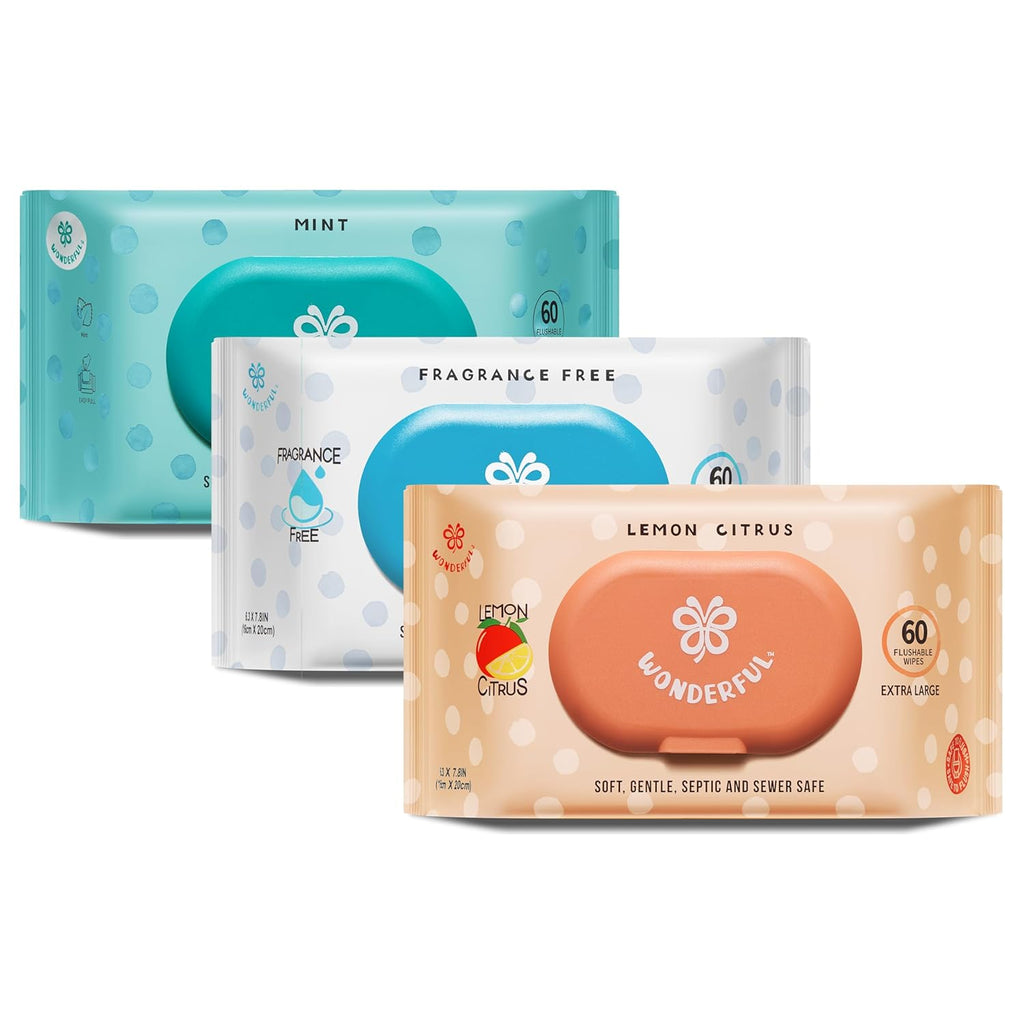 WONDERFUL Flushable Butt Wipes, Variety 100% Plant-Based Wet Wipes for Adults & Kids; Sewer, Septic Safe; Gentle for Sensitive Skin, Wipes Flushable Pack for Bathroom & Travel, 3-Pack (180 Wipes)
