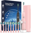 Rtauys S5 Upgraded Sonic Electric Toothbrush for Adults with 8 Brush Heads, IPX7 Travel Electric Toothbrush with Travel Case, 2.5 Hours Charge for 120 Days, 5 Modes with Built-in Smart Timer Pink