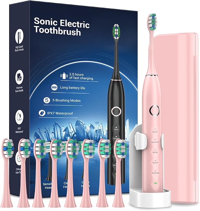 Rtauys S5 Upgraded Sonic Electric Toothbrush for Adults with 8 Brush Heads, IPX7 Travel Electric Toothbrush with Travel Case, 2.5 Hours Charge for 120 Days, 5 Modes with Built-in Smart Timer Pink
