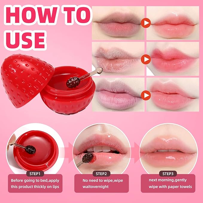 4 PCS Bee Lip Balm Lip Mask Fruit Pot, Strawberry & Apple & Lemon & Peach Moisturizing Lip Mask with Stick, Honey Lip Balm for Prevention Dry and Crack Lip,Reduce Fine Lines,Bulk Gifts, Skincare