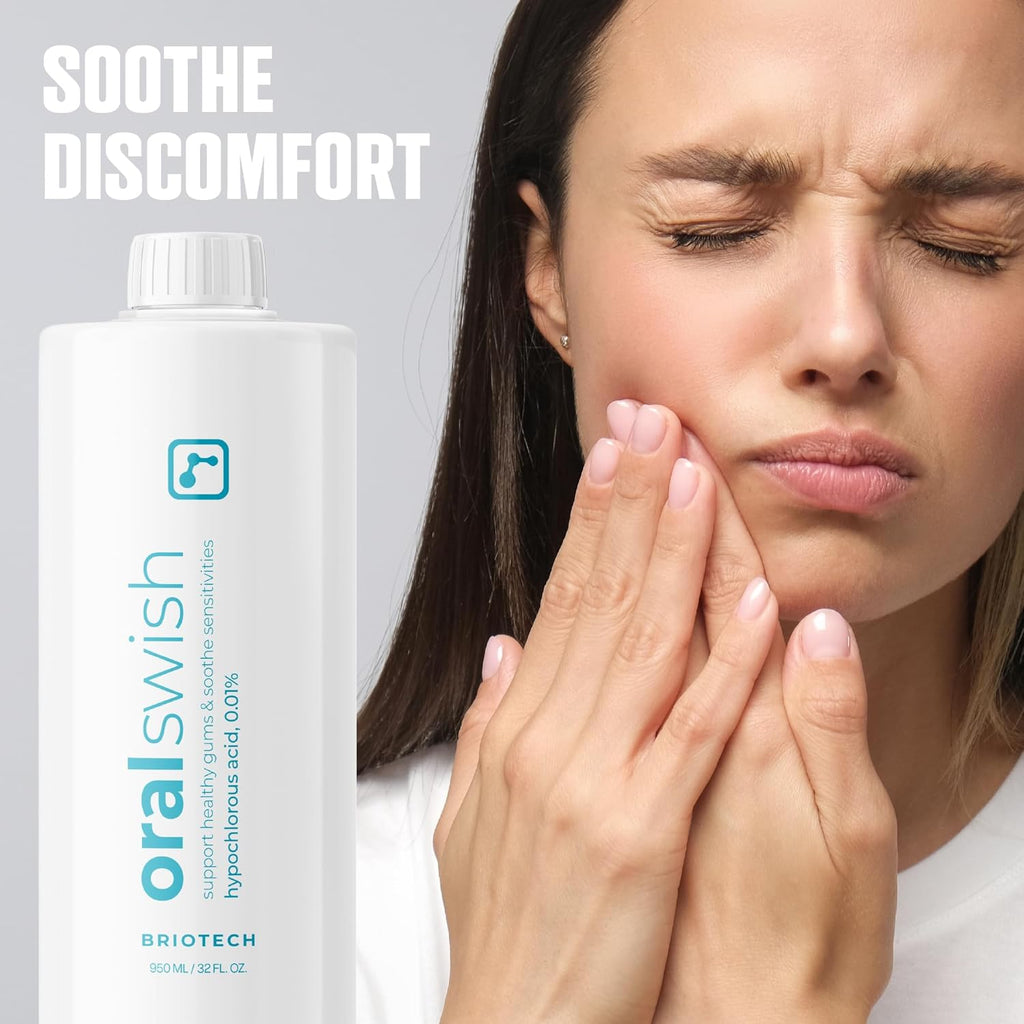 BRIOTECH Oral Swish, Hypochlorous Acid Mouthwash Rinse, Gentle Oral Care Hygiene, Fight Bad Breath, Support Against Plaque, Gum Irritation & Tender Gums, Alcohol & Fluoride Free, 32 fl oz (2 Pack)