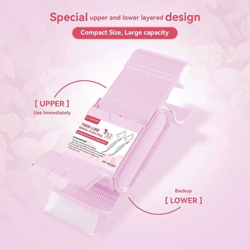 Travel Dental Floss Picks, 3 Cases with 156 Count Mint Flavor Twin-Line Dental Flosser, Portable Floss Case, Portable Floss Dispenser, Travel Floss Sticks for Adults (Pink)