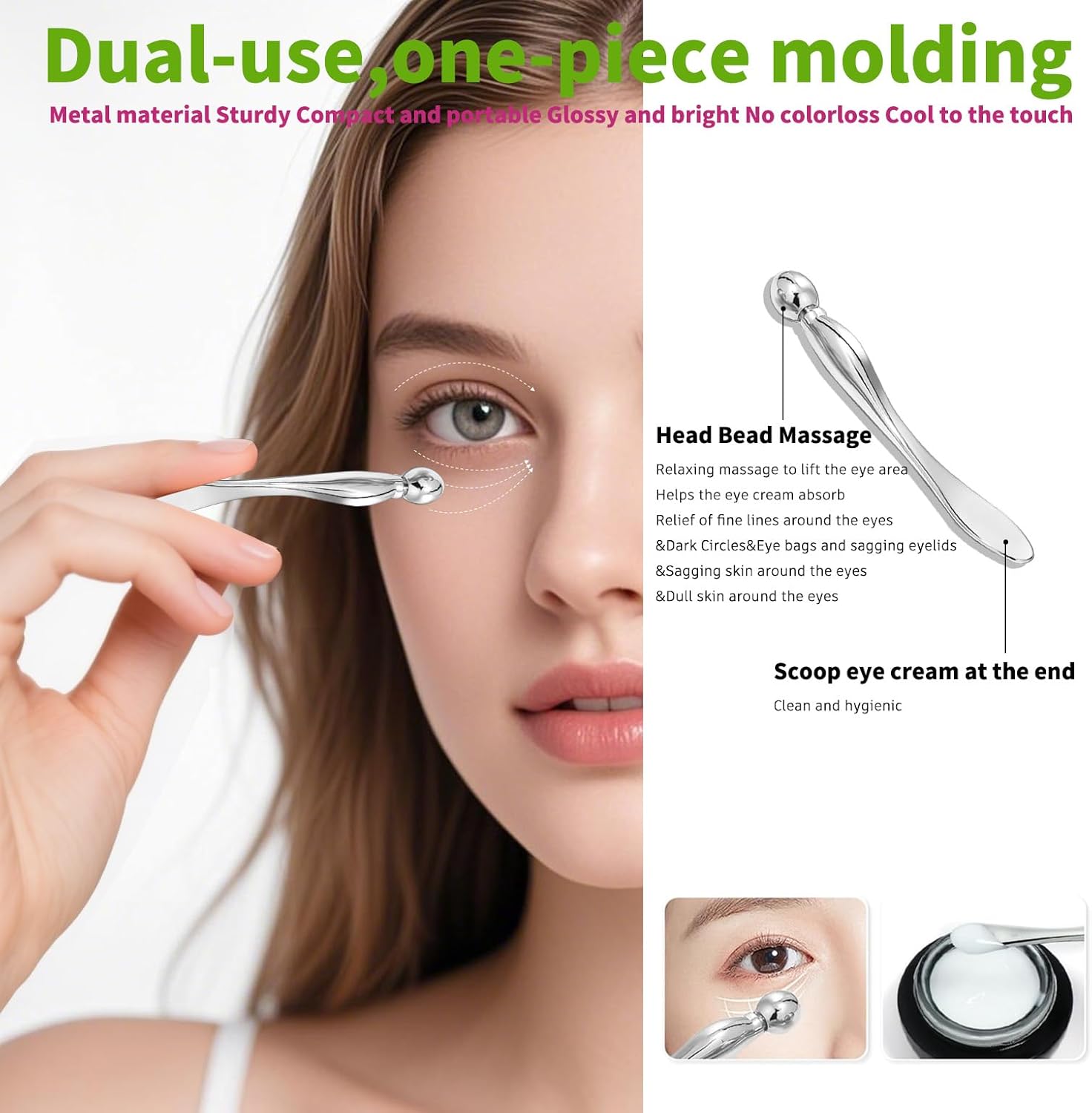 3-in-1 Stainless Steel Facial Massage Set, Face Roller, Gua Sha Tool, Eye Cream Applicator, Silver,Gifts for Women and Girl