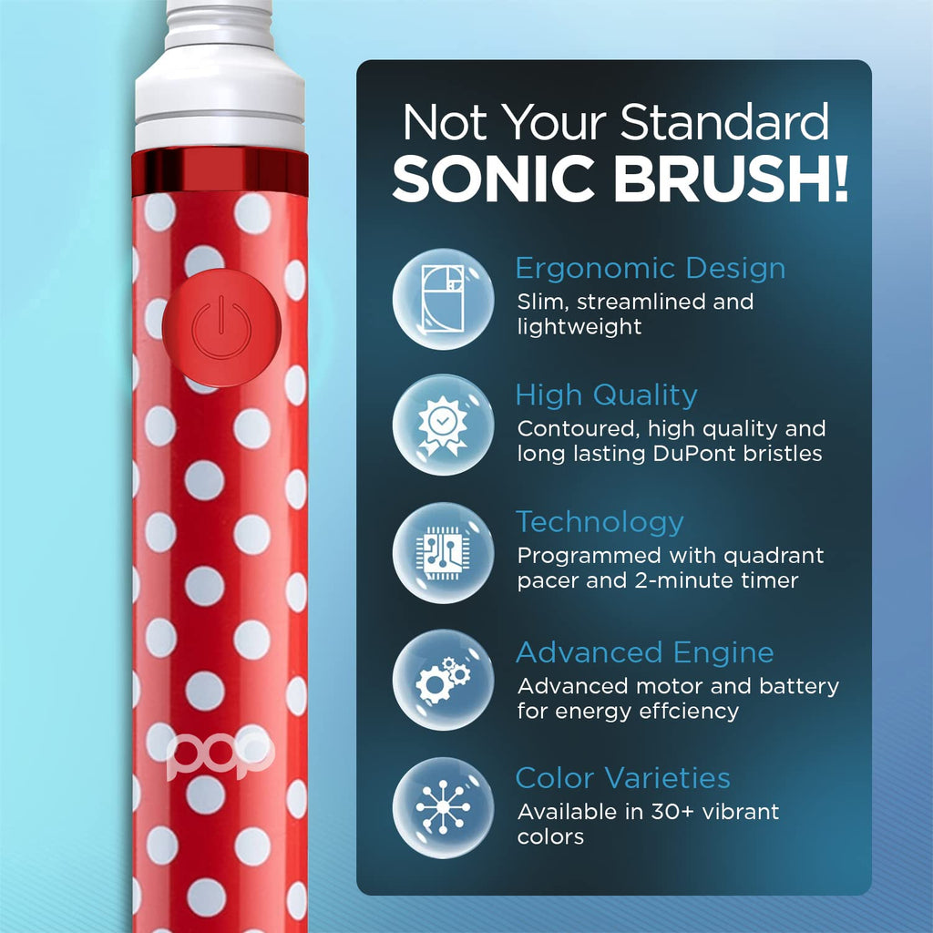 Pop Sonic Electric Toothbrush (Red Dots) - Travel Toothbrushes w/AAA Battery | Kids Electric Toothbrushes with 2 Speed & 15,000-30,000 Strokes/Minute, Dupont Nylon Bristles