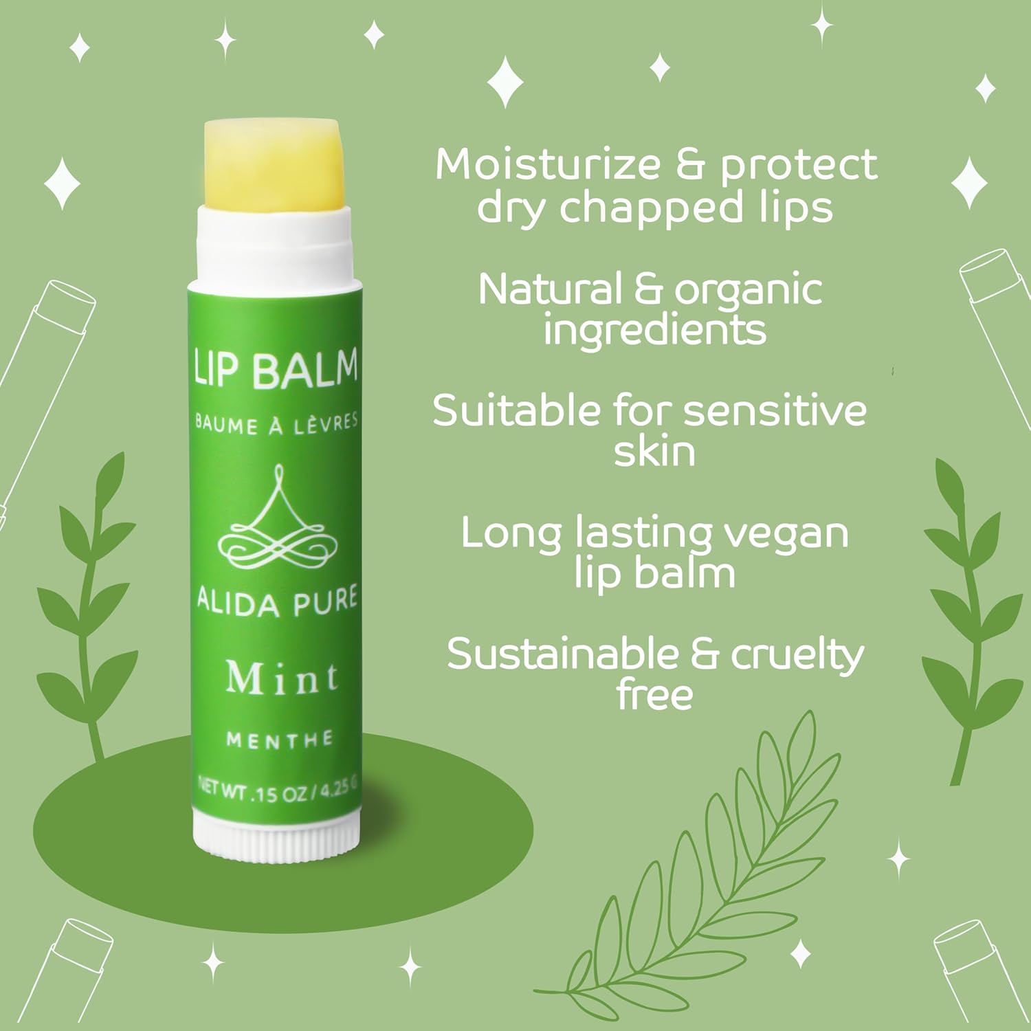 ALIDA PURE Mint Lip Balm Collection, Vegan Lip Balm, Beeswax Free, with Avocado Oil, Organic Jojoba Oil, and Vitamin E, for Dry, Chapped, or Cracked Lips, 3 Tube Set
