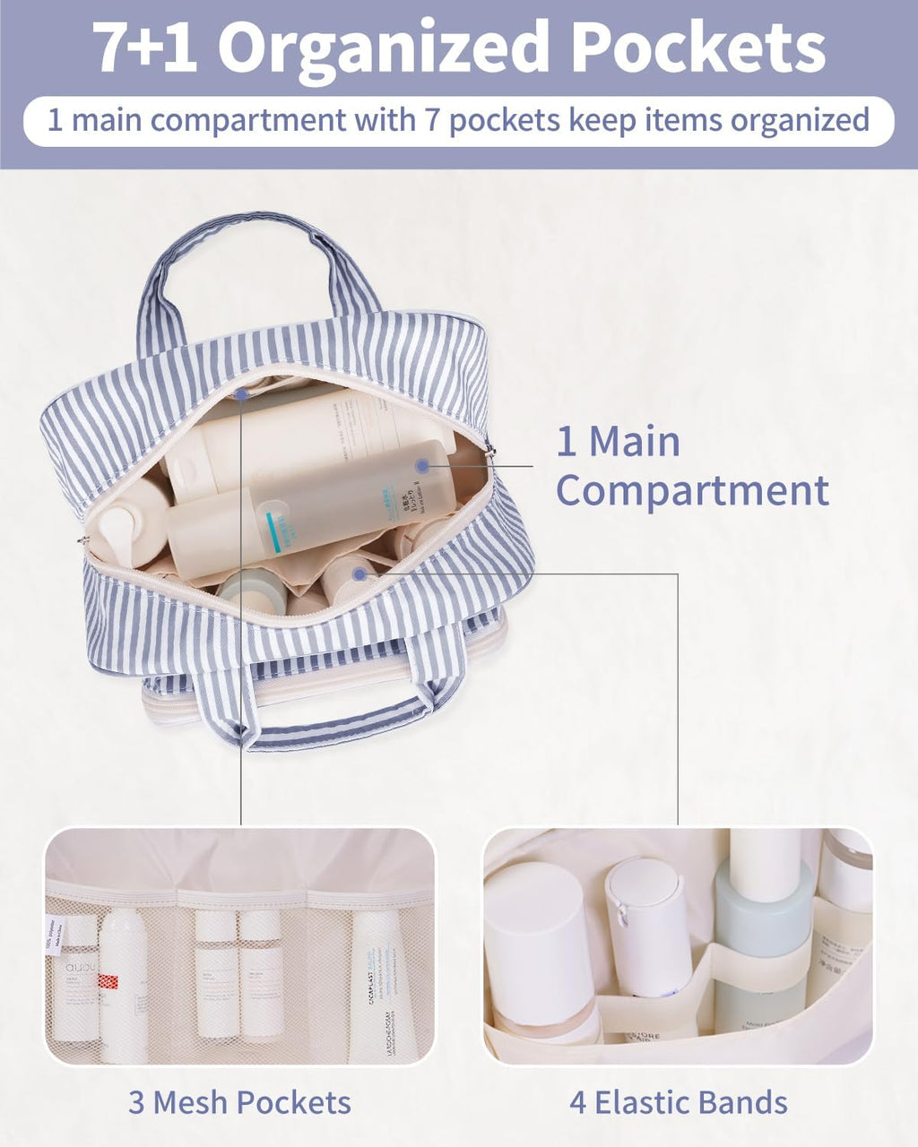 Narwey Large Travel Toiletry Bag for Traveling Women, Cosmetic Makeup Bag Make Up Organizer, Striped Travel Bag for Toiletries with Handle (Greyish Blue Stripe)