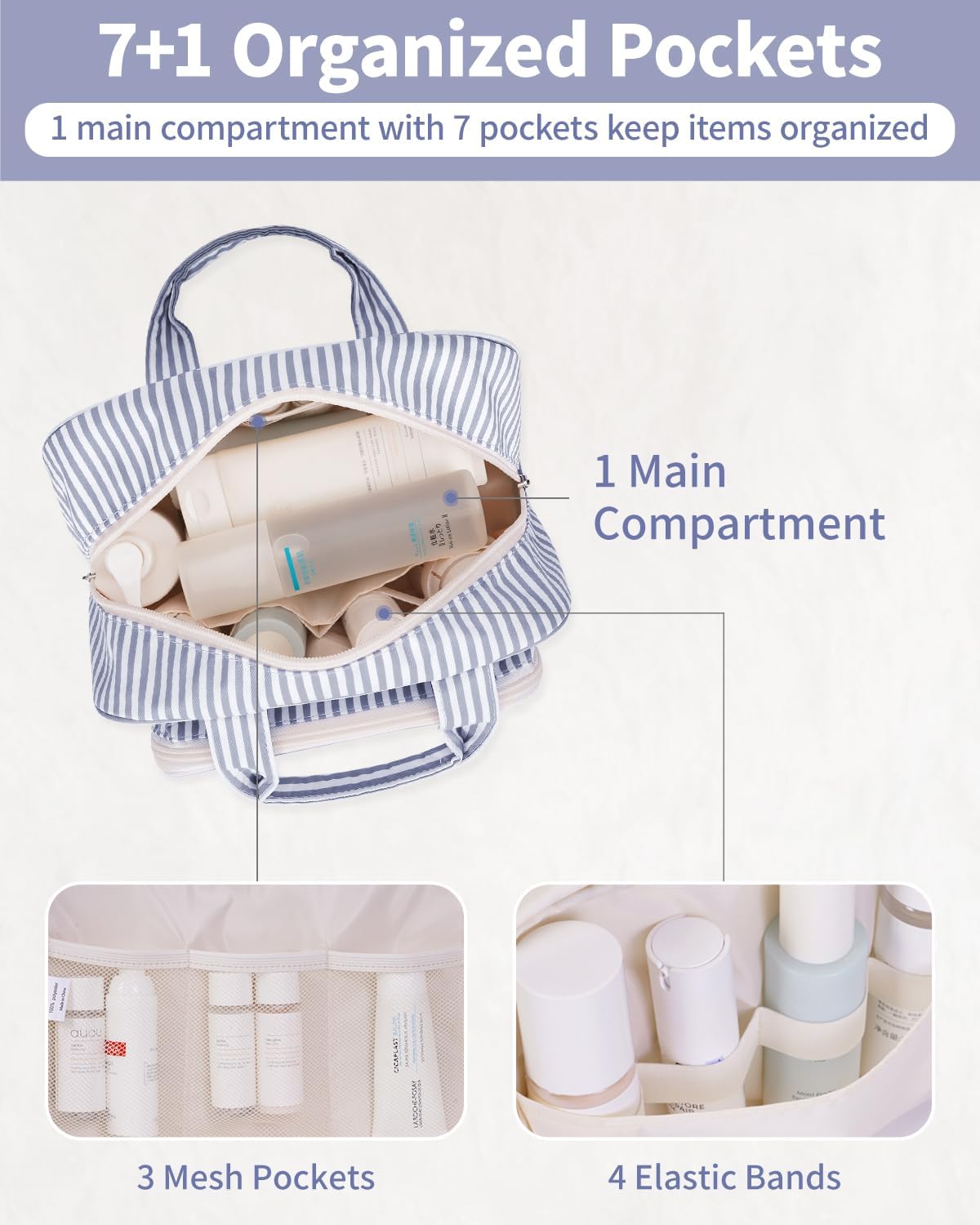 Narwey Large Travel Toiletry Bag for Traveling Women, Cosmetic Makeup Bag Make Up Organizer, Striped Travel Bag for Toiletries with Handle (Greyish Blue Stripe)