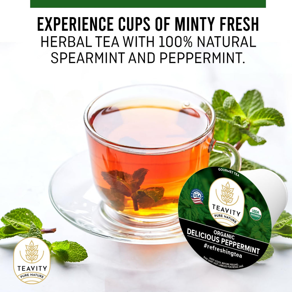 Organic Peppermint Tea Pods for Keurig - Decaf Tea by Teavity (12 Tea Pods)