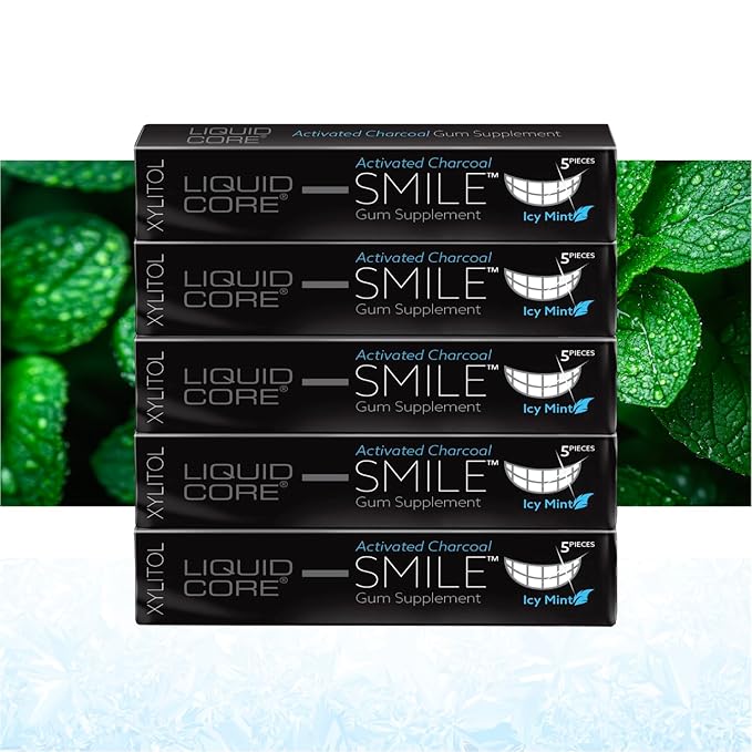 Liquid Core Smile Activated Charcoal Gum with MCT Oil, Hydroxyapatite, and Xylitol – Teeth Cleaning Gum, Icy Mint Sugar-Free (5 Pack)