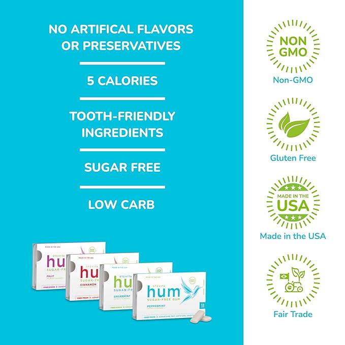 Stevita Hum, Variety Pack - 12 Packets of Sugar-Free Gum - Includes Three of Each Flavor: Peppermint, Cinnamon, Fruit & Spearmint - Non-GMO, Vegetarian, Keto, Gluten Free