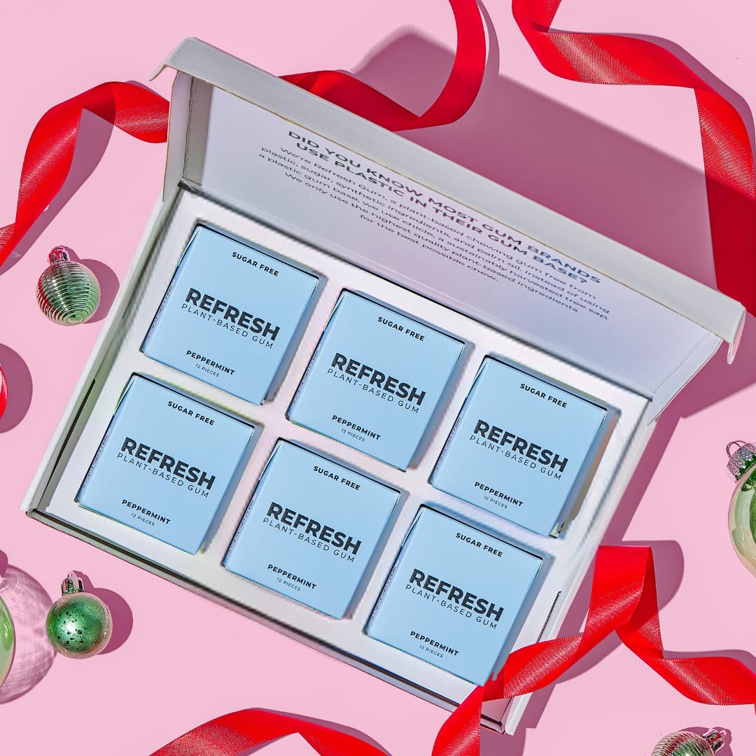 Refresh Gum, Xylitol, Natural, Sugar Free, Plastic Free, Natural Flavors & Organic Ingredients, Plant-Based, Low Calorie, Non GMO, Gluten Free, Vegan, Peppermint, 12 Pcs, 12 Pck