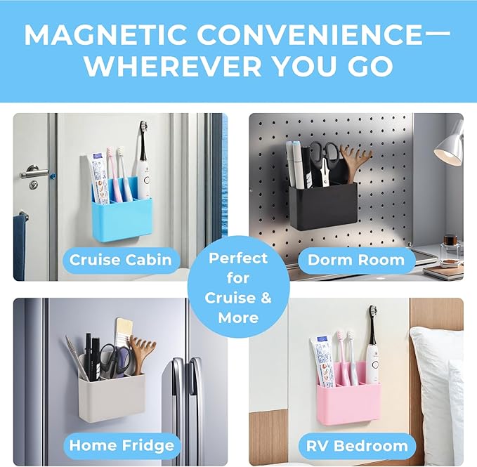 Cruise Essentials 2025 – Magnetic Toothbrush Holder for Cruise Ship Cabin, Wall-Mounted Cruise Bathroom Organizer, Travel Toothbrush Holder for Caribbean Cruise & Alaskan Cruise Must Haves