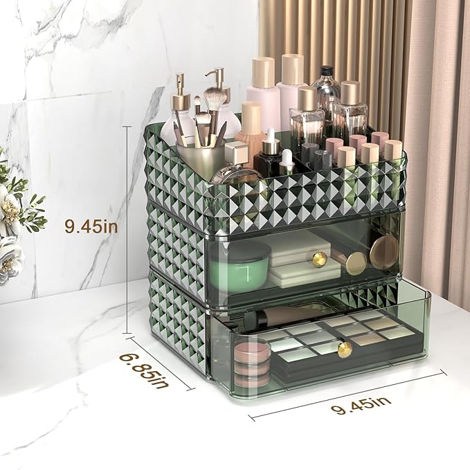 Makeup Organizer for Vanity, Stackable Cosmetics Organizer and Storage, Cosmetic Display Cases with 2 Drawers and 1 Tray for Makeup Brush, Hair Accessories, Lipstick and Jewelry, Green