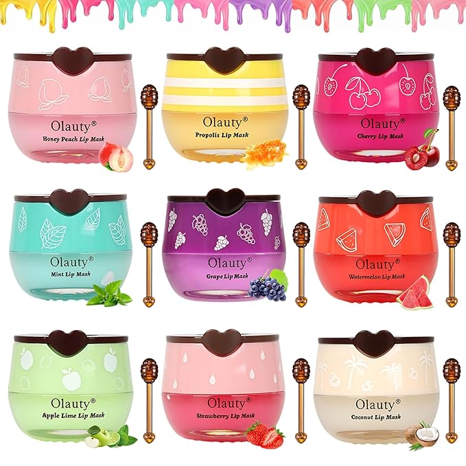 9 PCS Bee Lip Balm Honey Pot,Strawberry,Watermelon,Apple Lime,Cherry,Mint,Grapes,Coconut&Peach Flavors Honey Lip Overnight Lip Balm Bulk,Moisturizing Lip Mask &Preventing Dry,Cracked Lips