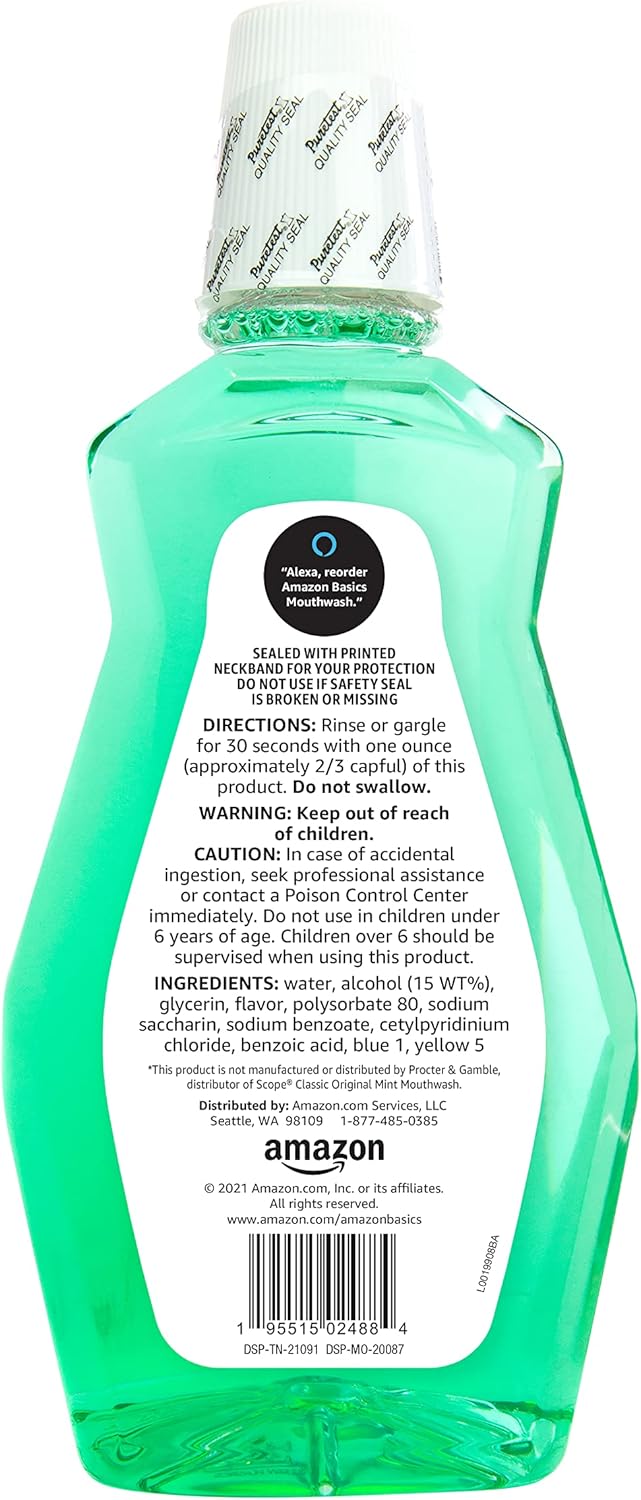 Amazon Basics Fresh Breath Mouthwash, Mint, 33.8 Fl Oz (Pack of 4), (Previously Solimo)